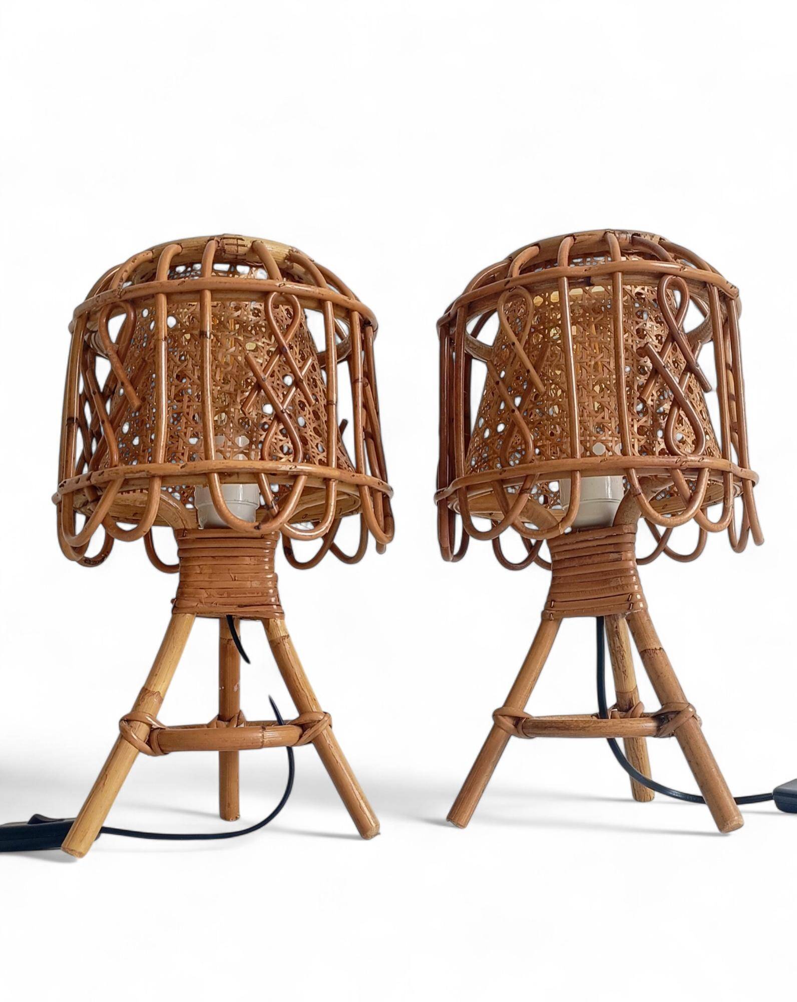 Mid-Century French Riviera Bamboo and Rattan Table Lamps, 1960s