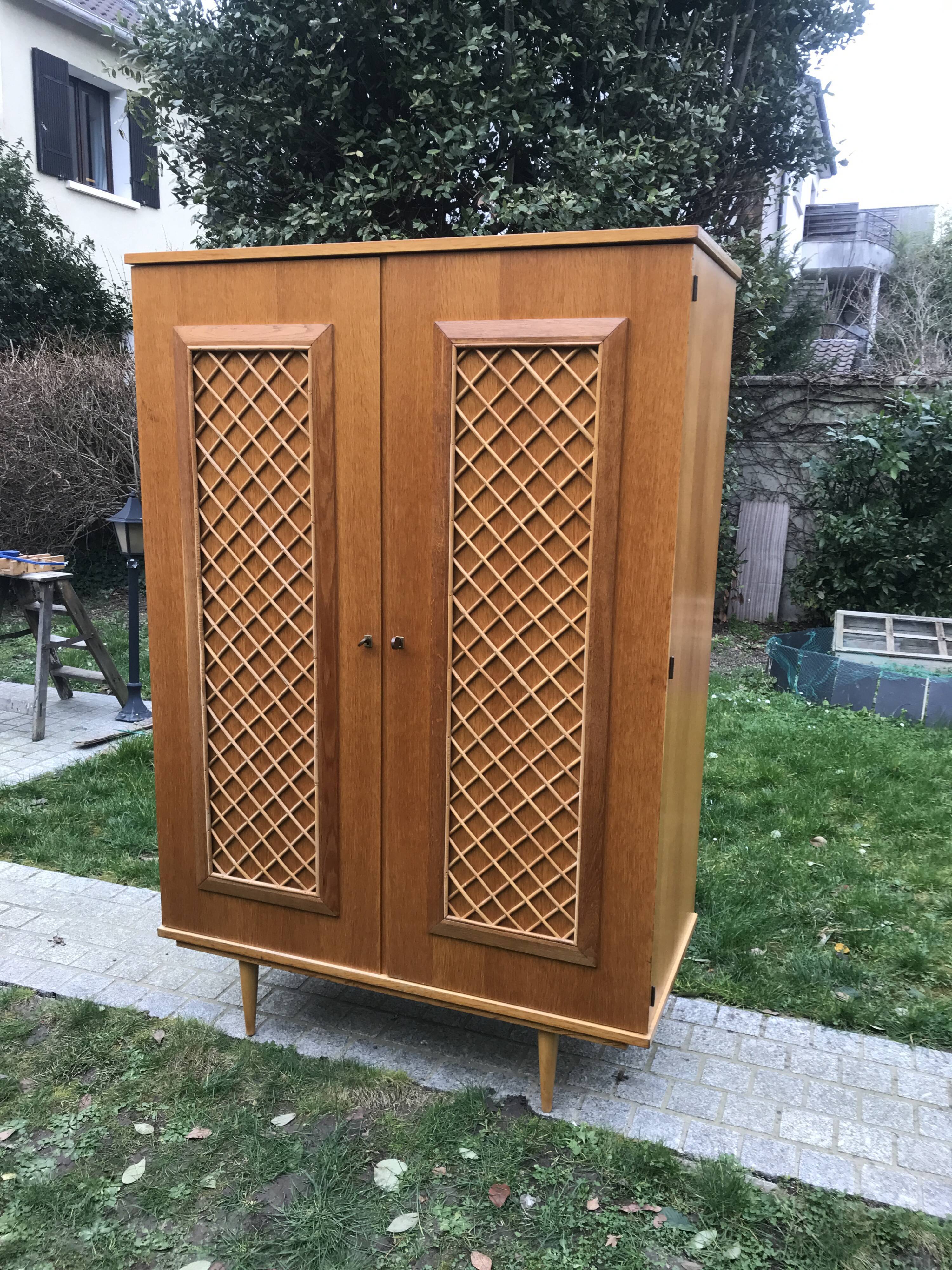 Wooden cabinet and vintage rattan 1950