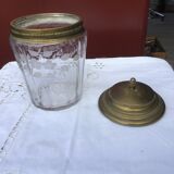 Glass cookie jar engraved metal frame brass