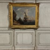 "View of a Busy Port" Oil on Canvas and its Frame, 18th Century