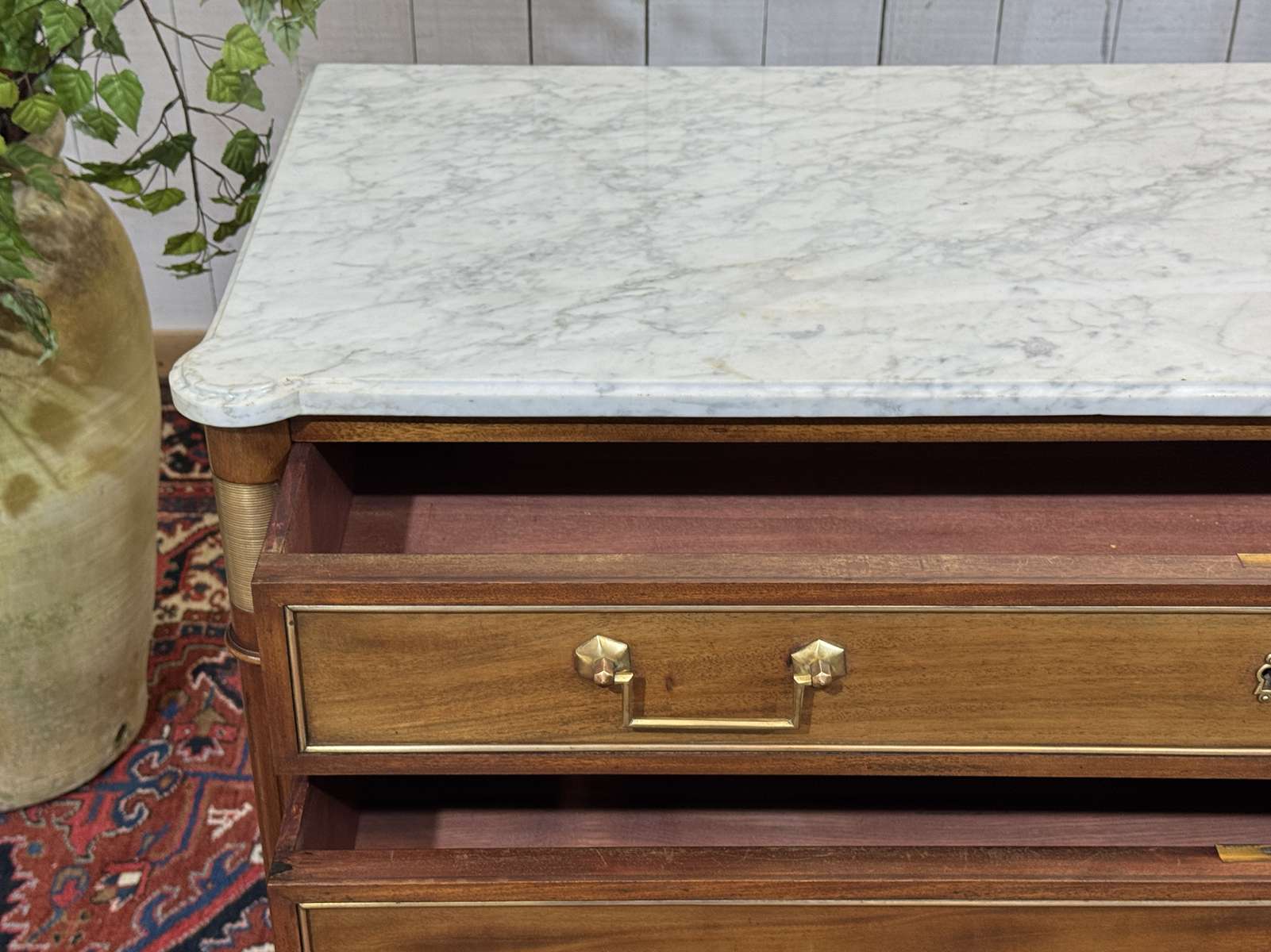 Louis XVI commode in mahogany with a marble top from the 1950s.
