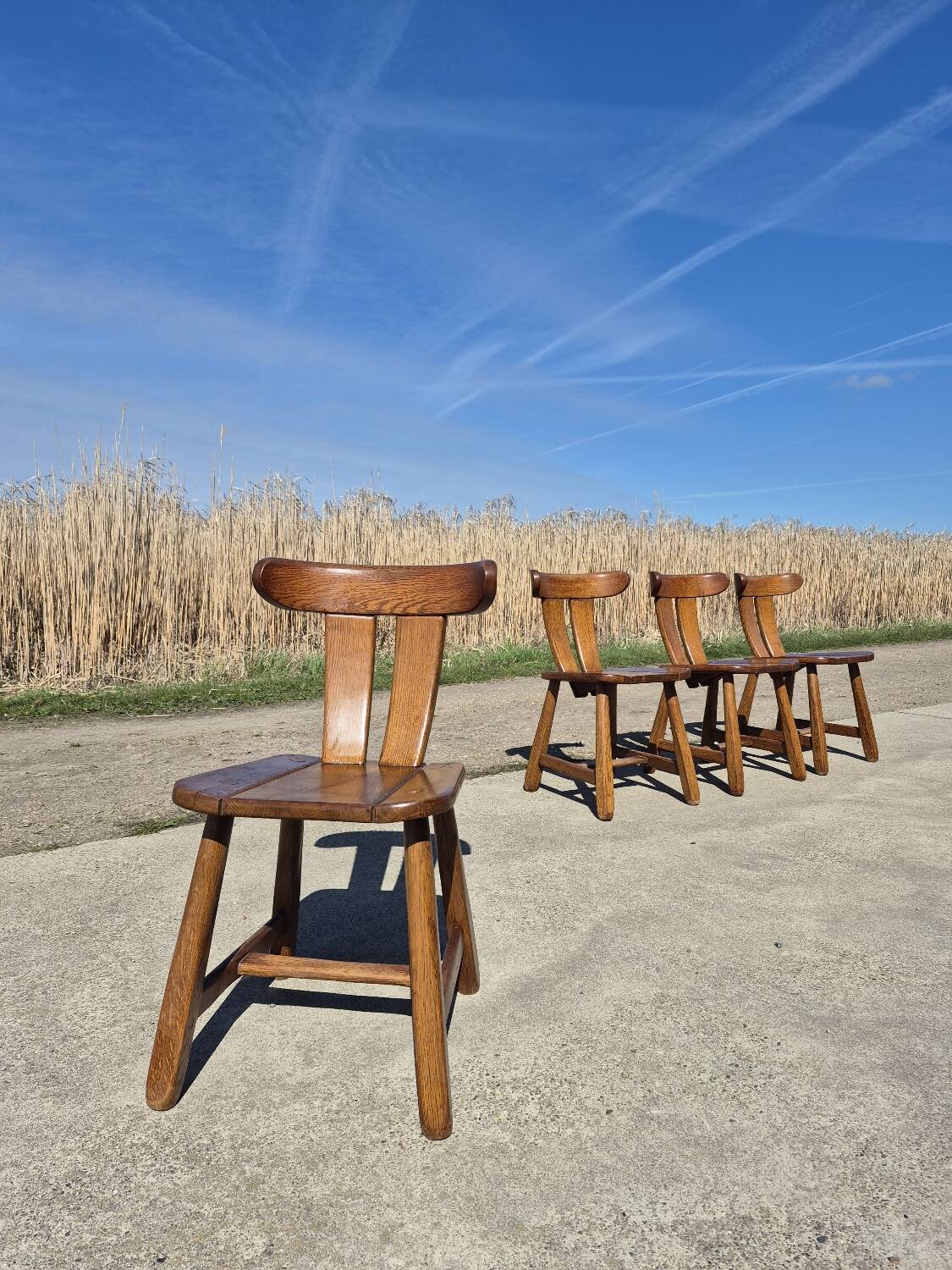 Brutalist set solid oak round dining table 4 chairs Depuydt Belgium