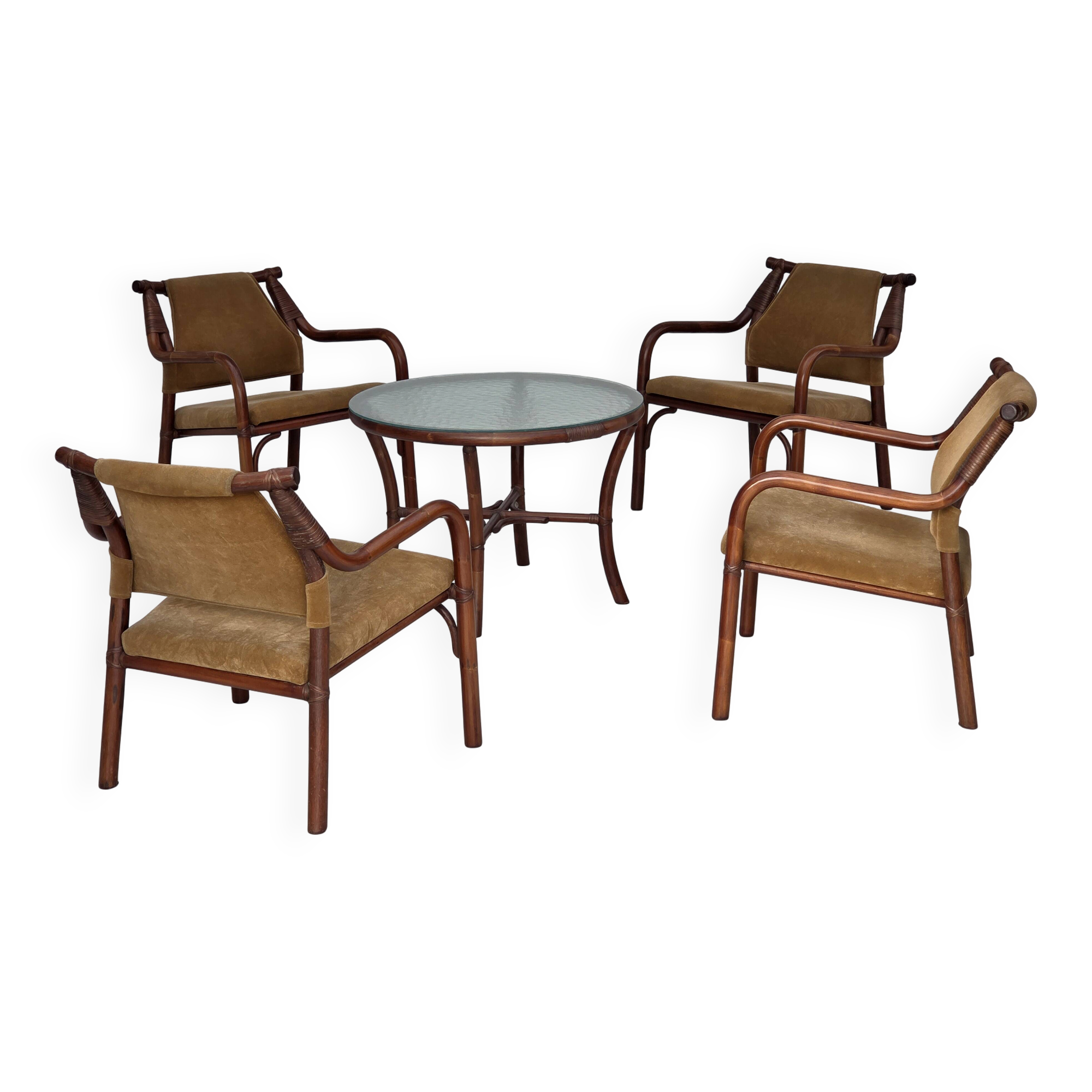 1970s, Danish coffee armchairs with table, rattan, nubuck fabric.