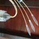 Golden chandelier fish pattern in brass 4 branches with tulips chiseled in glass 1950