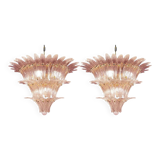Pair of Iconic Mid-Century Modern Pink “Palmette” Murano Glass Chandeliers