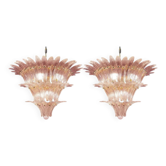 Pair of Iconic Mid-Century Modern Pink “Palmette” Murano Glass Chandeliers