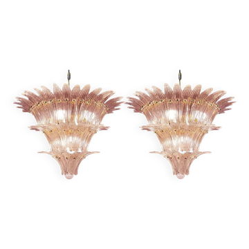 Pair of Iconic Mid-Century Modern Pink “Palmette” Murano Glass Chandeliers