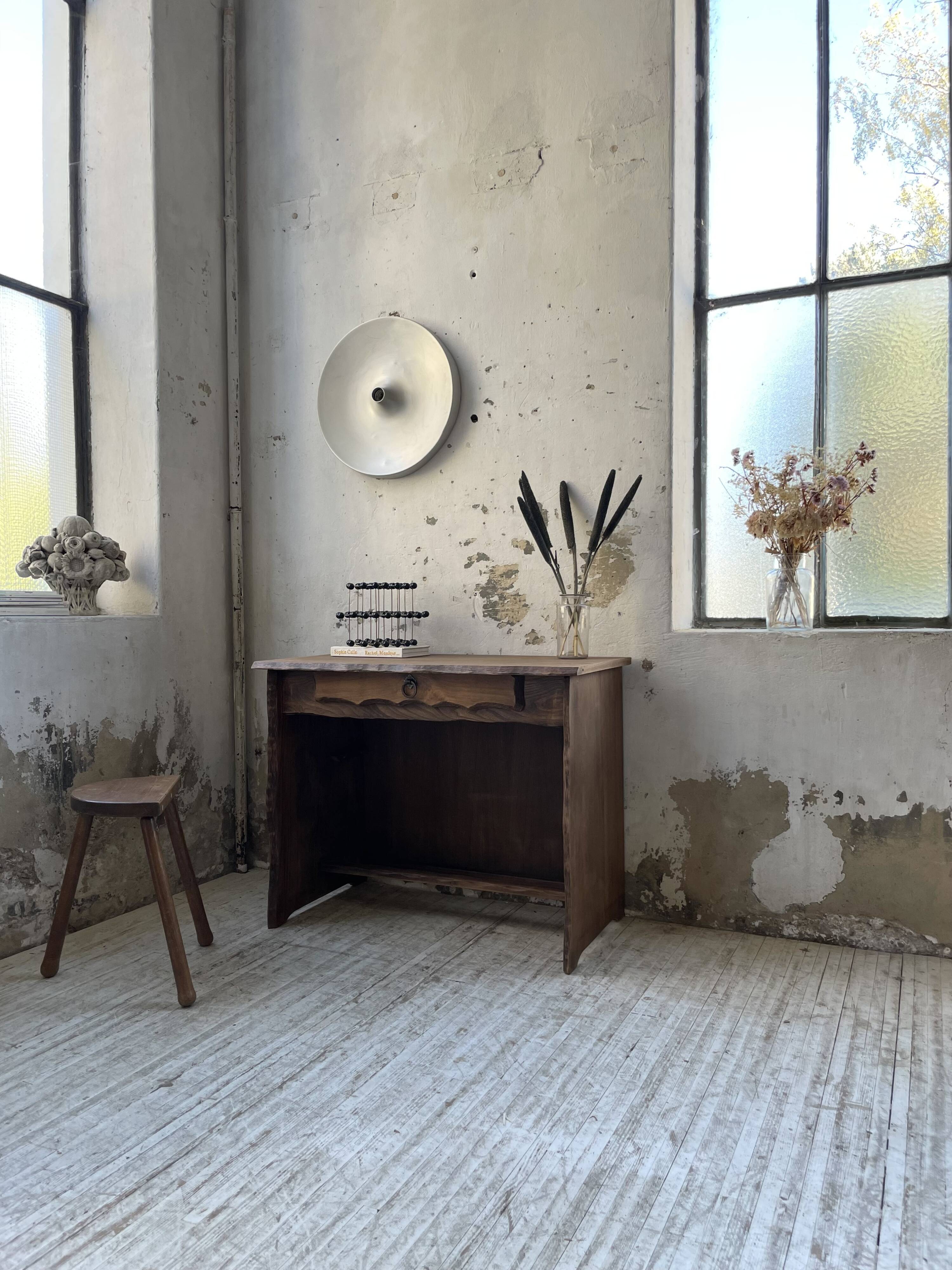 Brutalist desk in elm, signed Aranjou.