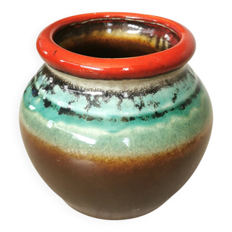 Vase vintage en céramique KIL de Yougoslavie : bordure marron, turquoise et rouge, années 1970