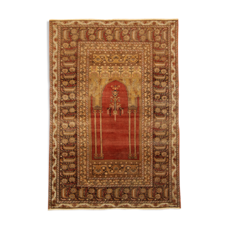 Handwoven turkish red gold wool and silk area rug- 120x185cm