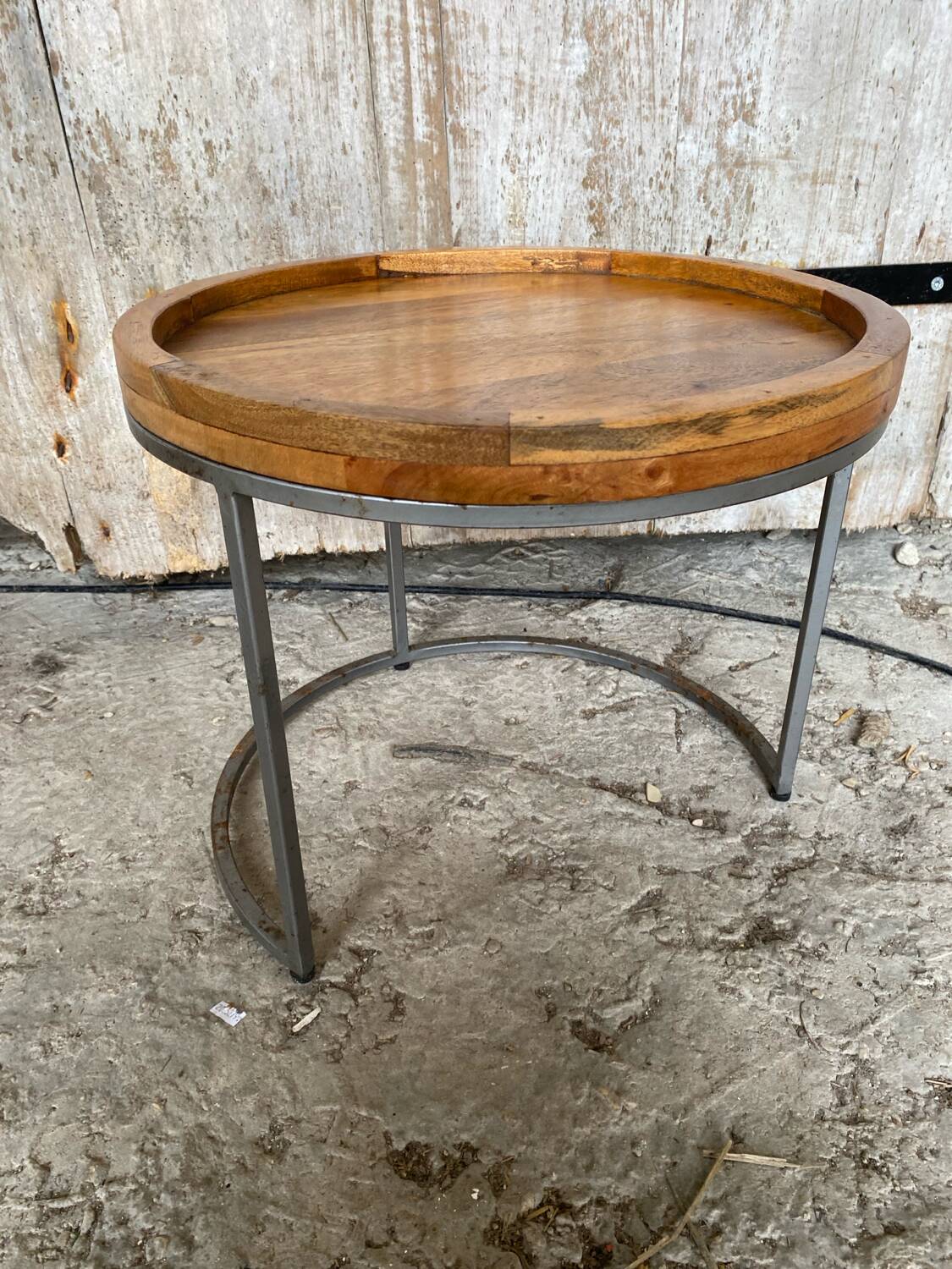 Nightstand Round Design Metal Grey + Wooden Top #D