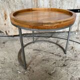 Nightstand Round Design Metal Grey + Wooden Top #D