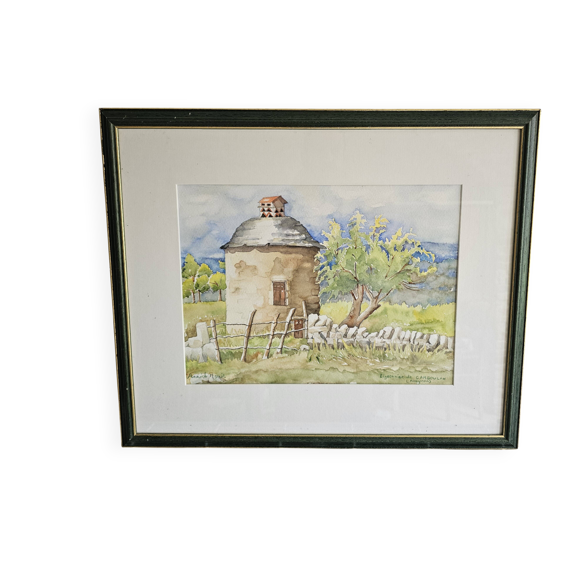Watercolor of the dovecote of Camboulan Aveyron signed Annick Mesnil