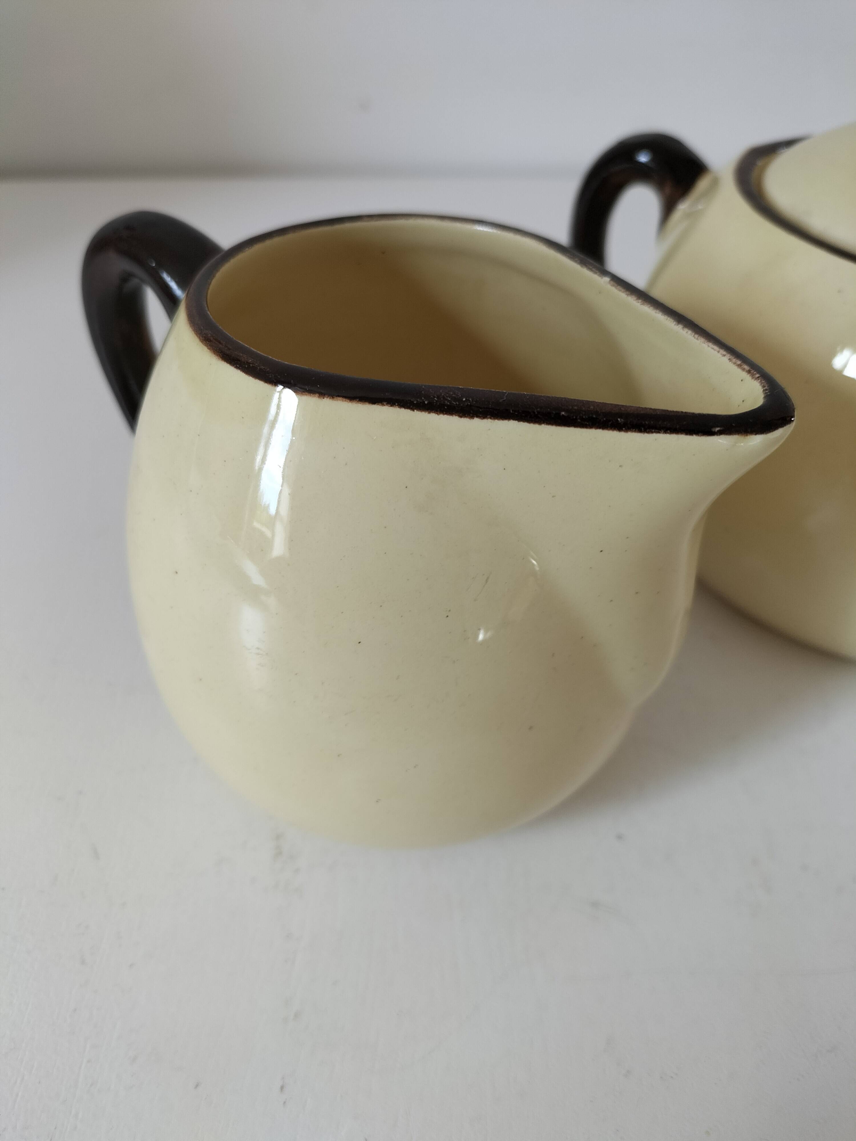 HBCM Sugar Bowl and Milk Jug Duo - Vintage Cream and Brown Earthenware