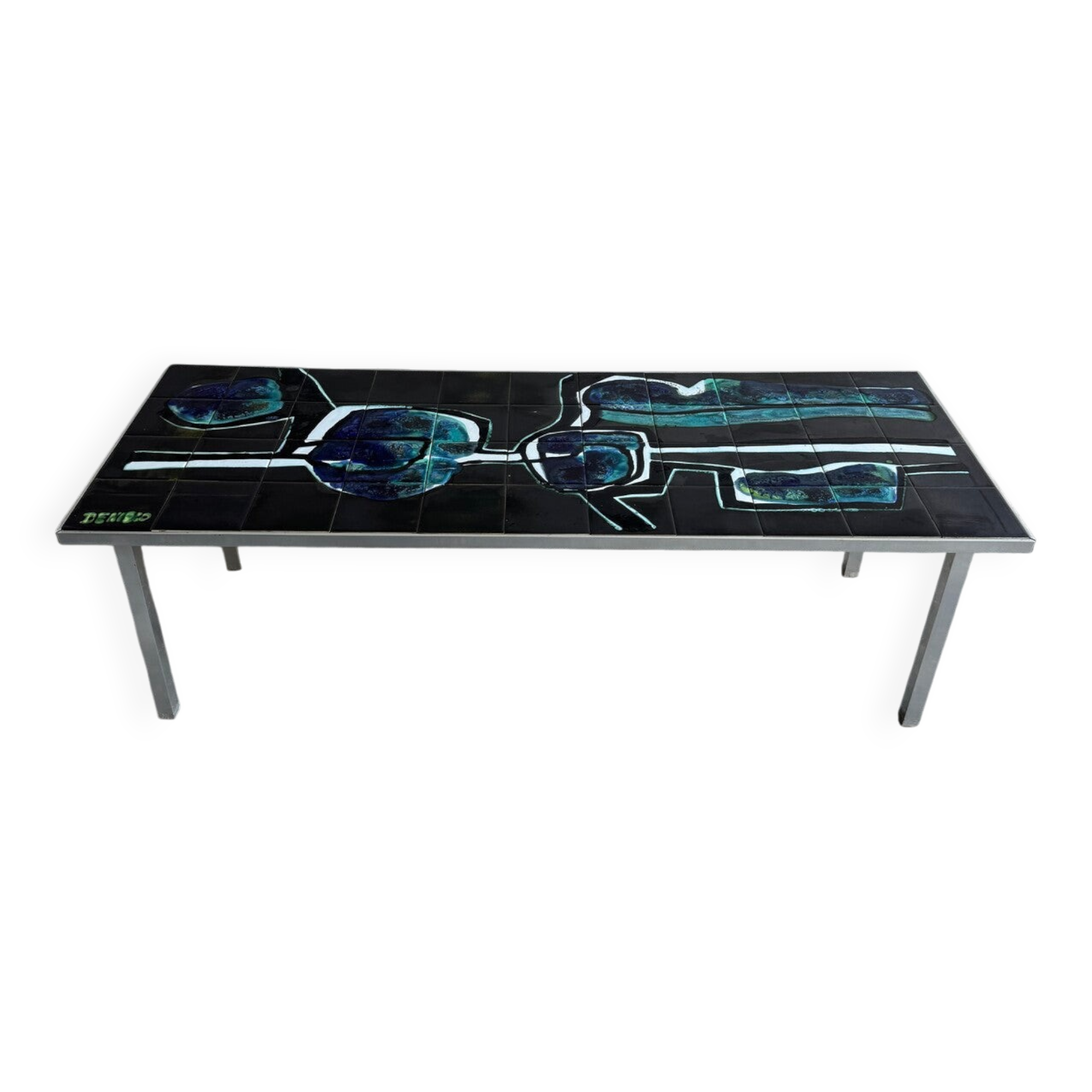 Mid-century Denisco ceramic coffee table — black, blue and white glazed tile top with silver metal base