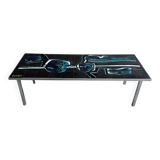 Mid-century Denisco ceramic coffee table — black, blue and white glazed tile top with silver metal base