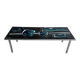 Mid-century Denisco ceramic coffee table — black, blue and white glazed tile top with silver metal base