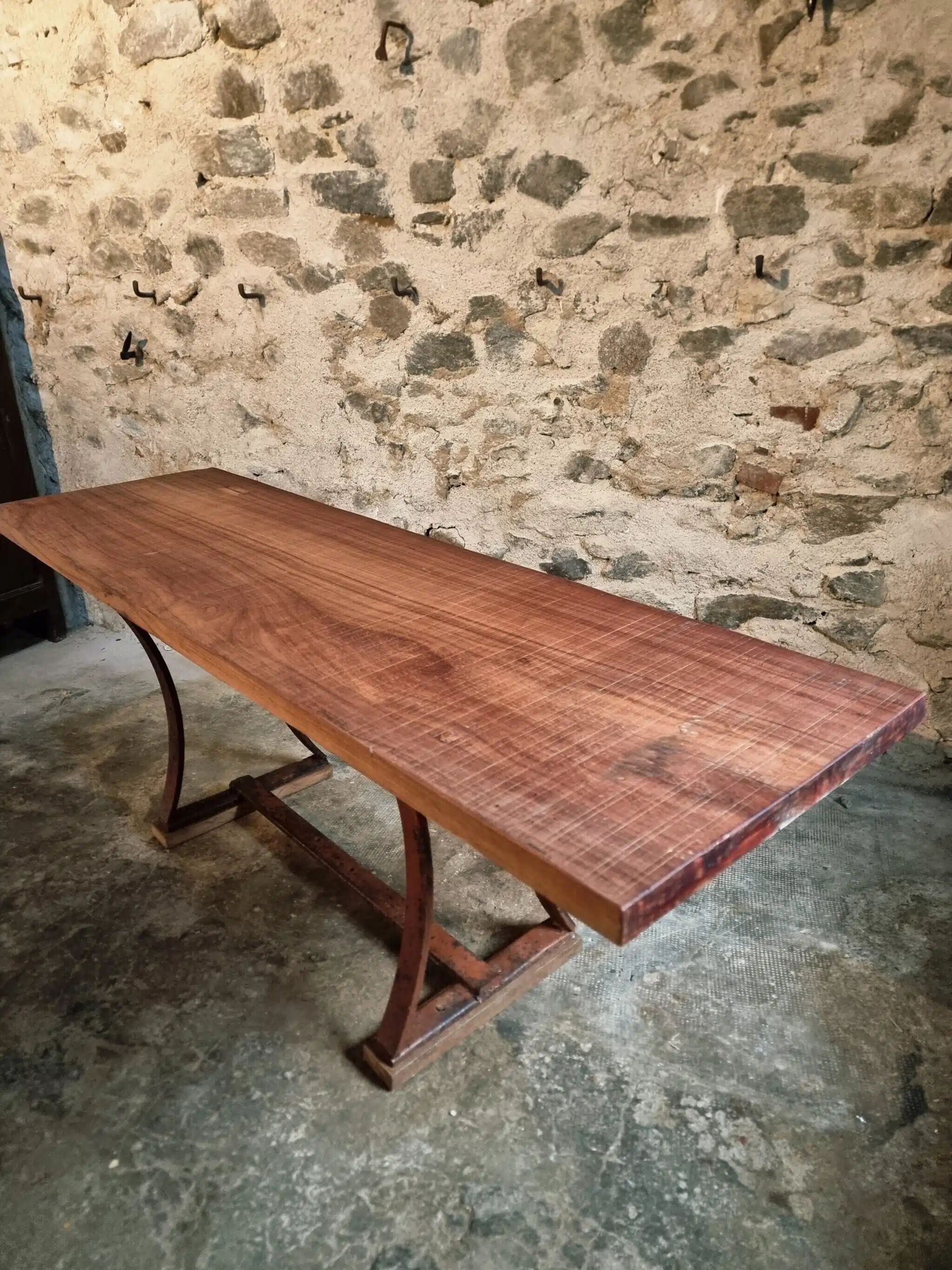Vintage industrial table – Iron base and solid wood top (201 cm)