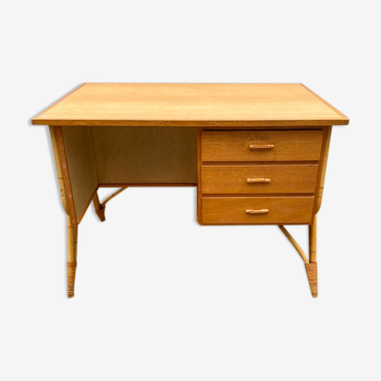 Bureau avec 3 tiroirs en rotin et chêne vintage années 60