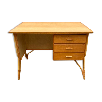 Bureau avec 3 tiroirs en rotin et chêne vintage années 60