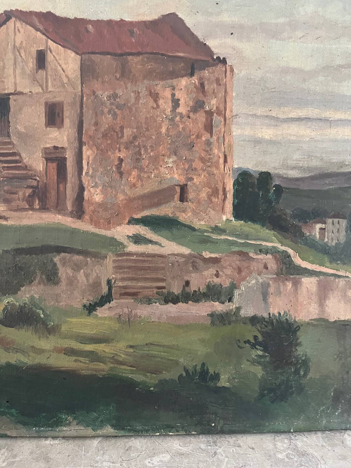 Castelet du pays Cathare, huile sur toile ancienne