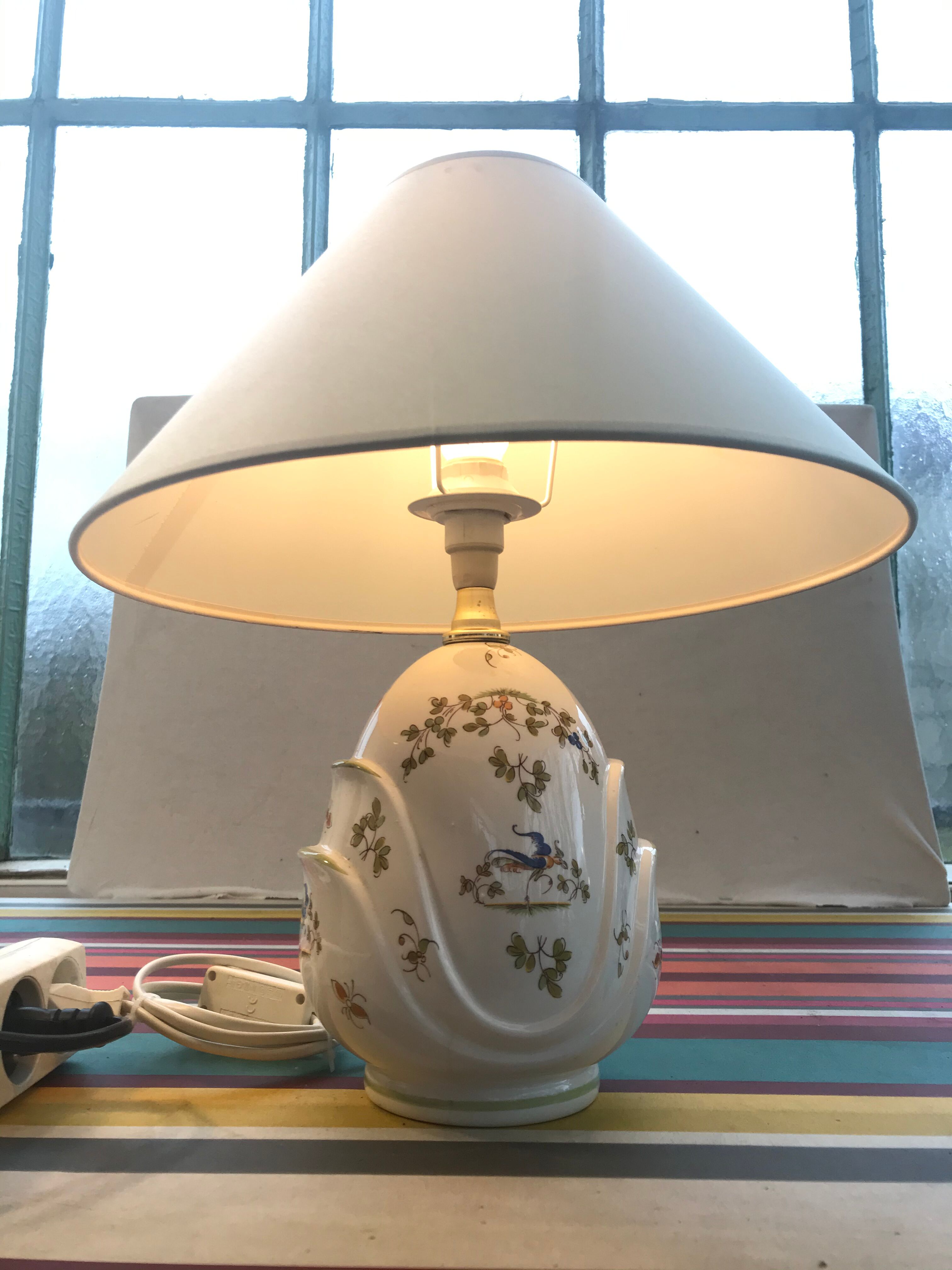 Old Moustiers ceramic lamp with white lamp shade