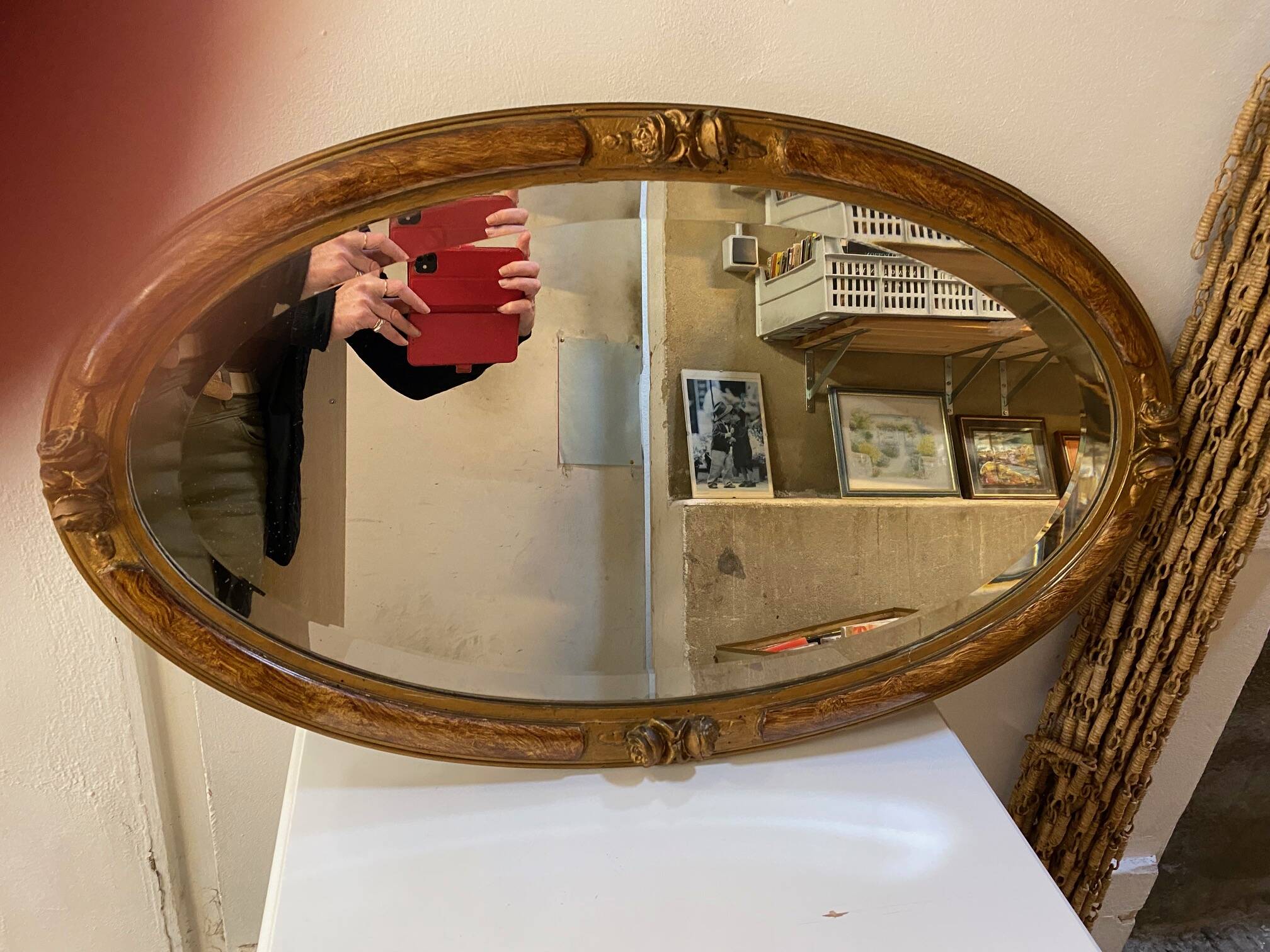 OVAL ART NOUVEAU MIRROR WITH ROSE DECOR AND PAINTED WOOD BEVELED GLASS