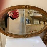 OVAL ART NOUVEAU MIRROR WITH ROSE DECOR AND PAINTED WOOD BEVELED GLASS