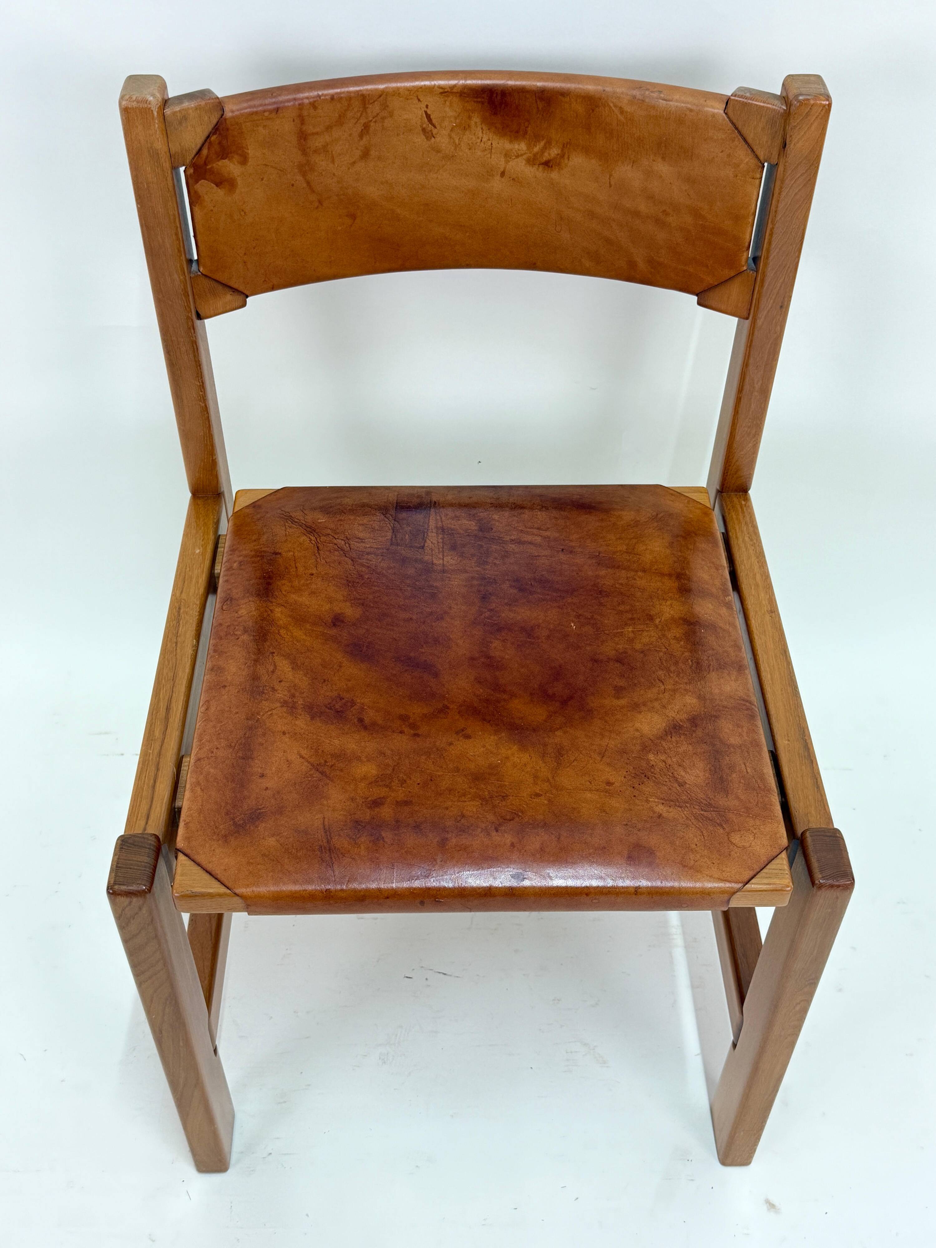Set of 6 Maison Regain Chairs - Solid Elm and Fawn Leather - Circa 70