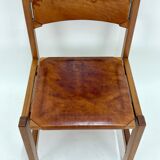 Set of 6 Maison Regain Chairs - Solid Elm and Fawn Leather - Circa 70