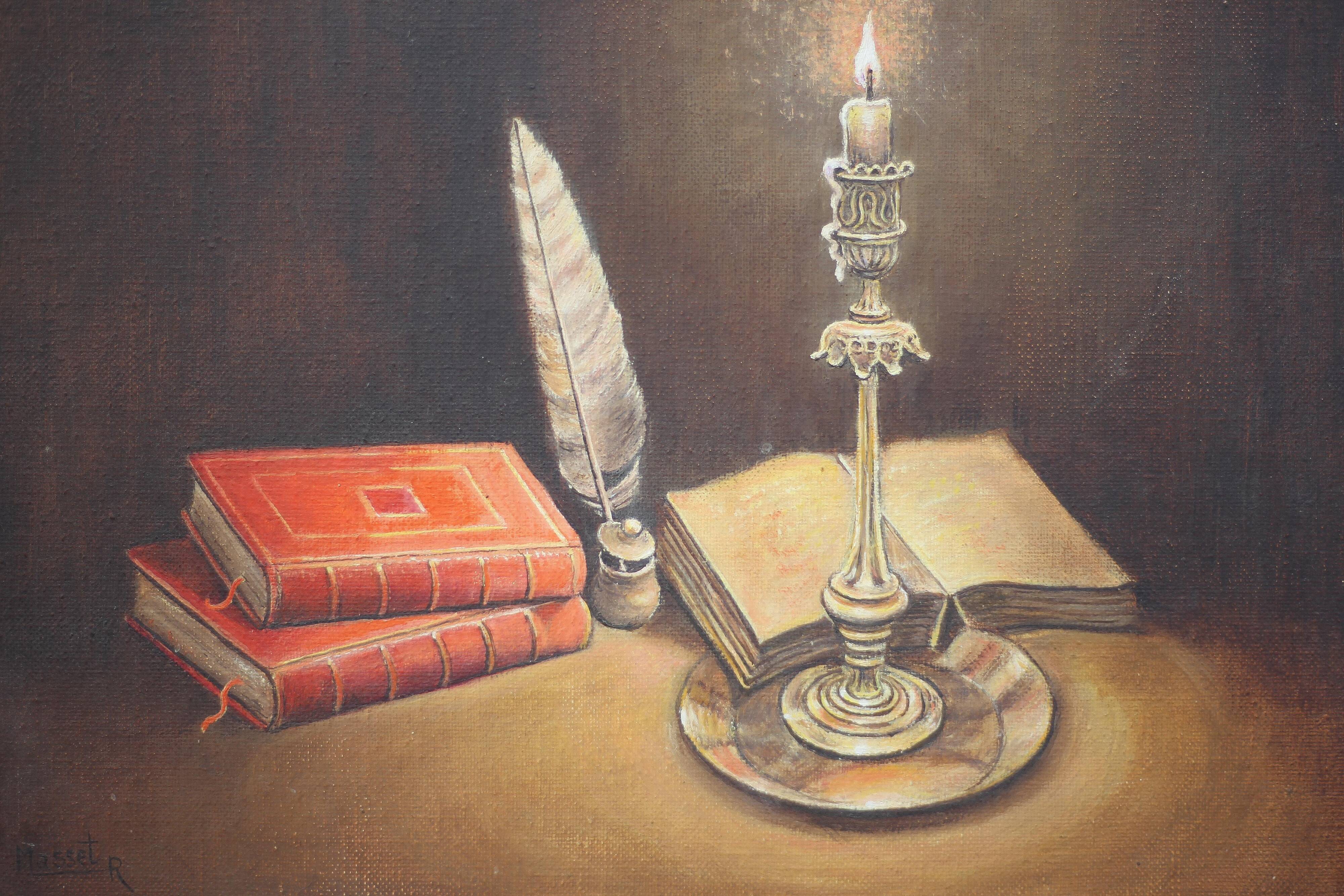 Signed still life painting, oil painting, books with candle
