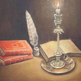 Signed still life painting, oil painting, books with candle