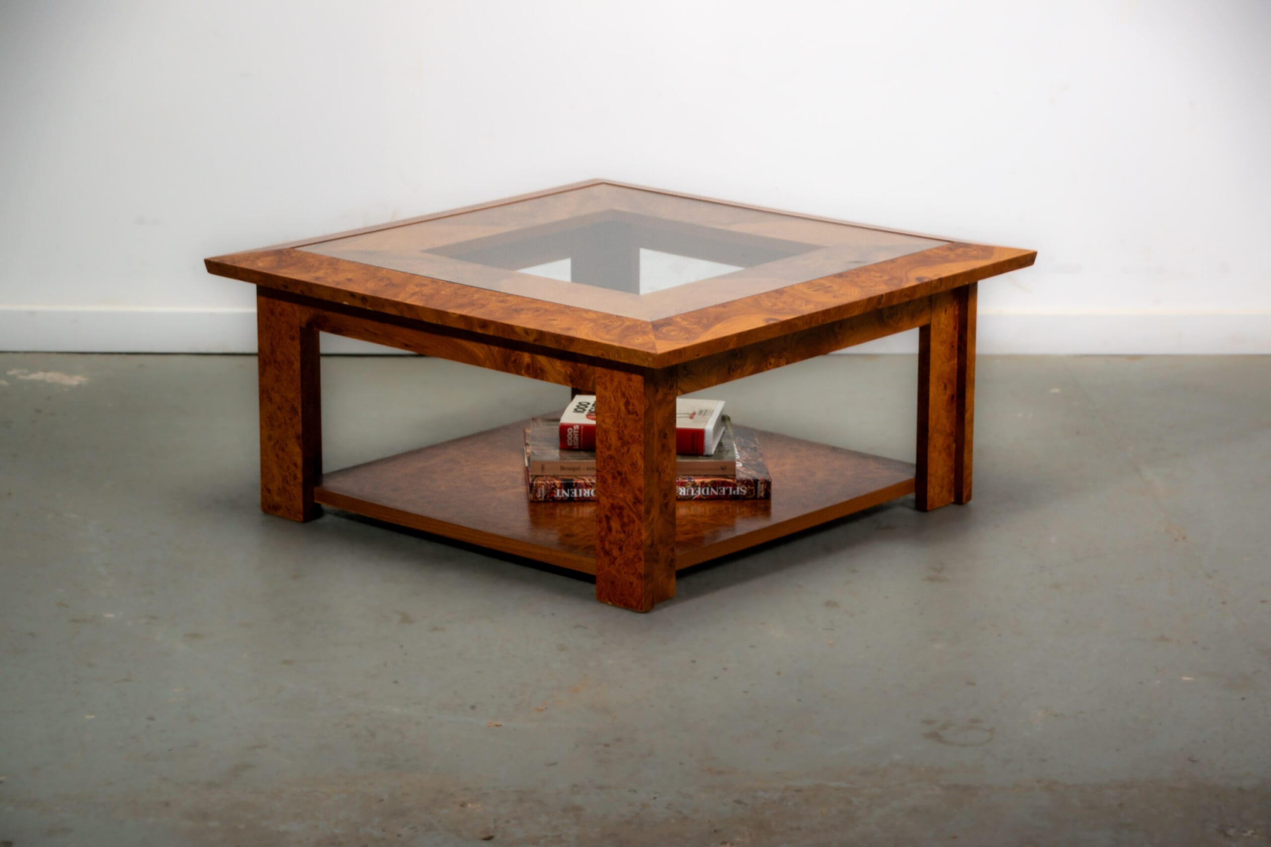 Walnut burl and glass coffee table circa 1980