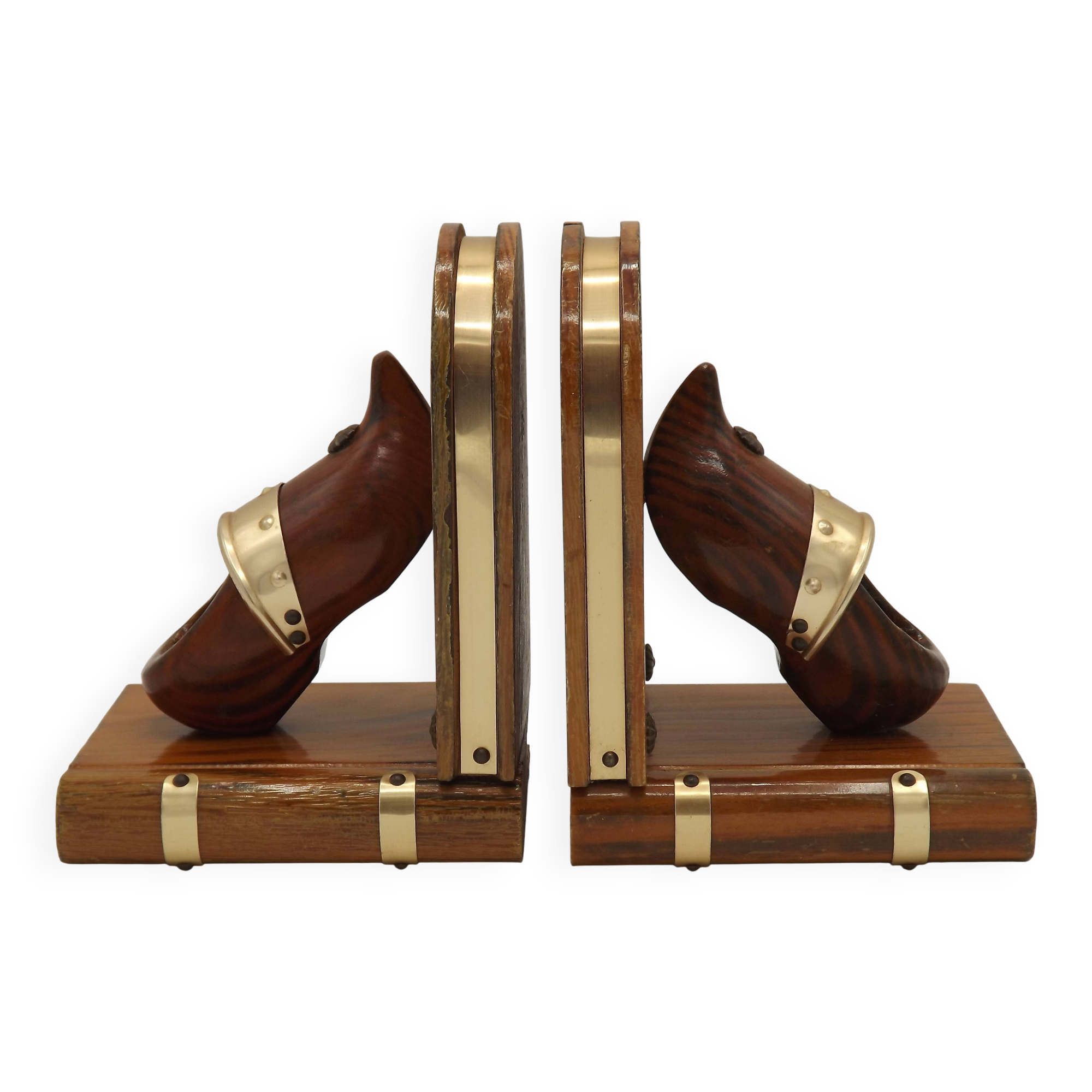 Vintage French Breton wooden bookends hand-carved with book and clog motif.