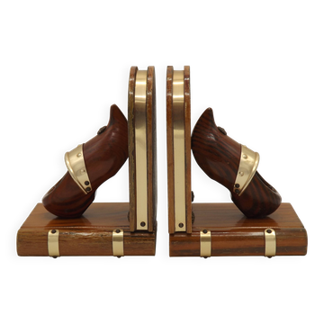 Serre-livres vintage français bretons en bois sculptés à la main avec motif livre et sabot