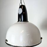 Industrial soviet white enamel pendant lamp, 1960s