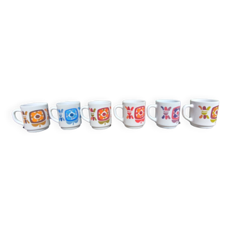 Lot de six petites tasses à café - Vintage Mobil années 1972 arcopal France