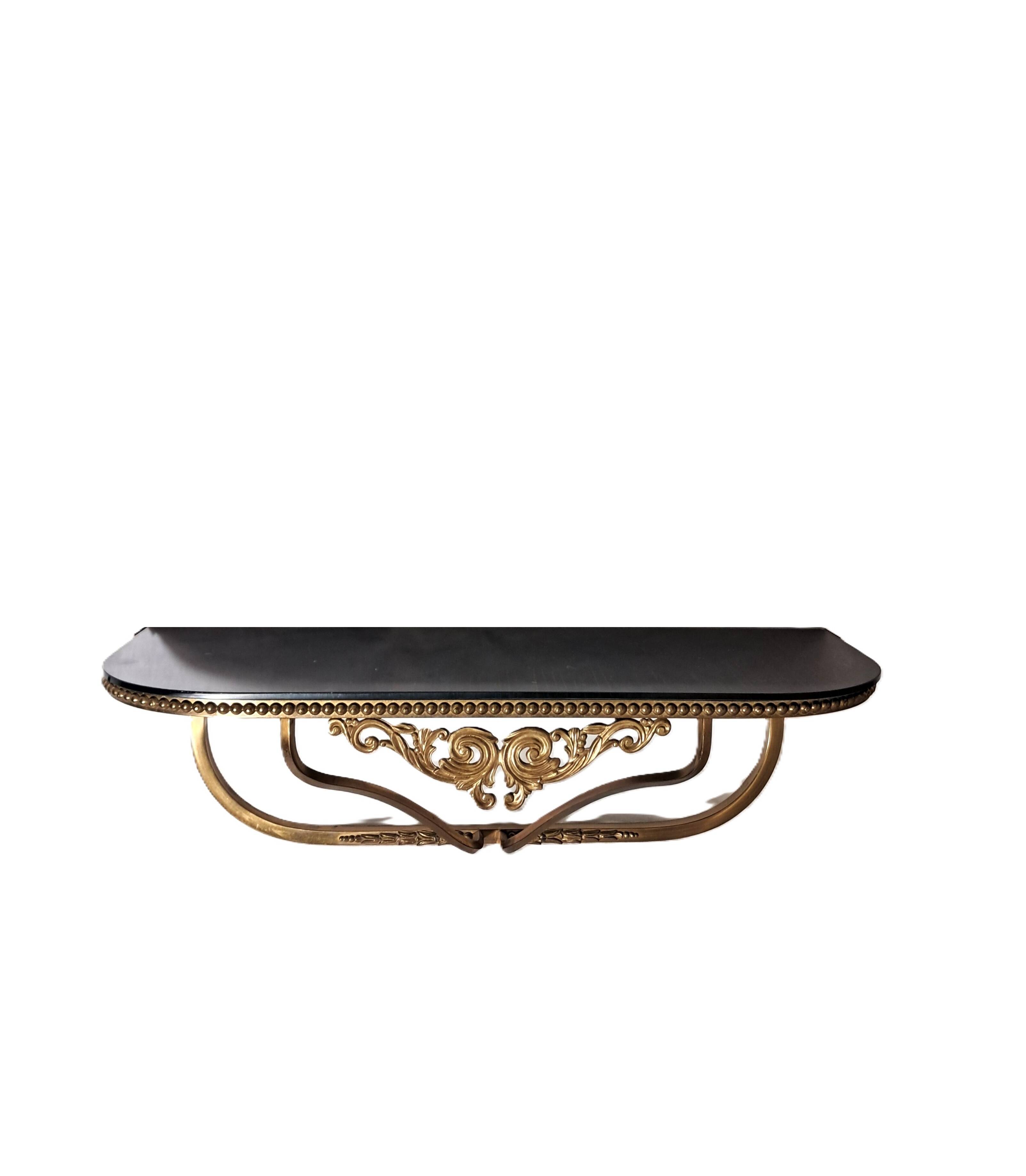 Console D’Applique Murale Années 50 en Métal Doré avec Plateau Miroir