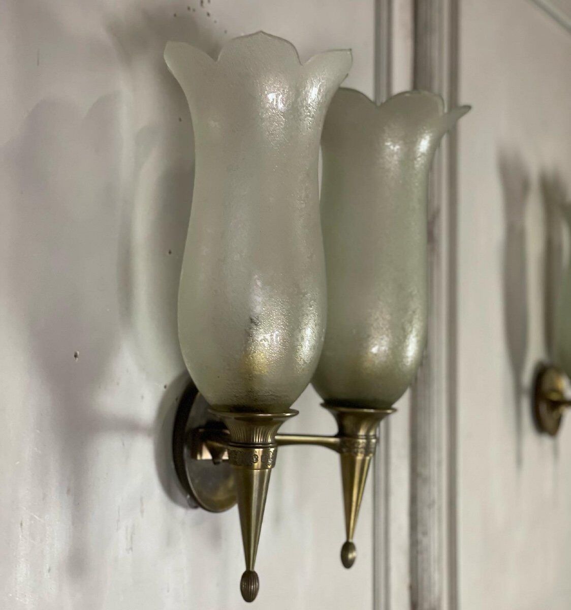 Suite of 4 wall lamps in bronze and murano glass, pier luigi colli and seguso, 1955