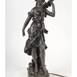 Art Nouveau style lamp with bronze sculpture and glass shade