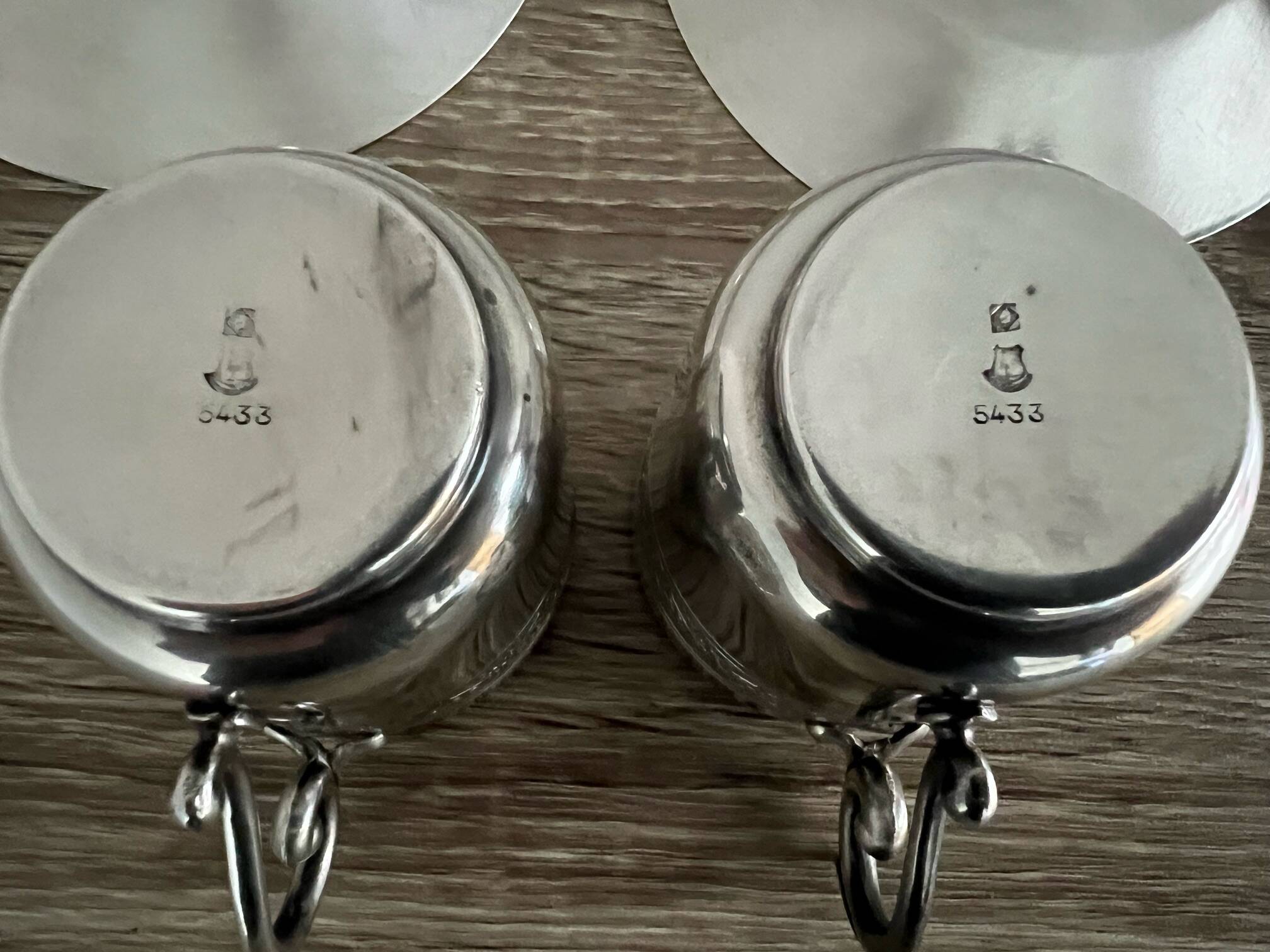 2 Gallia silver-plated cups and saucers with rooster and goat's head hallmarks, numbered