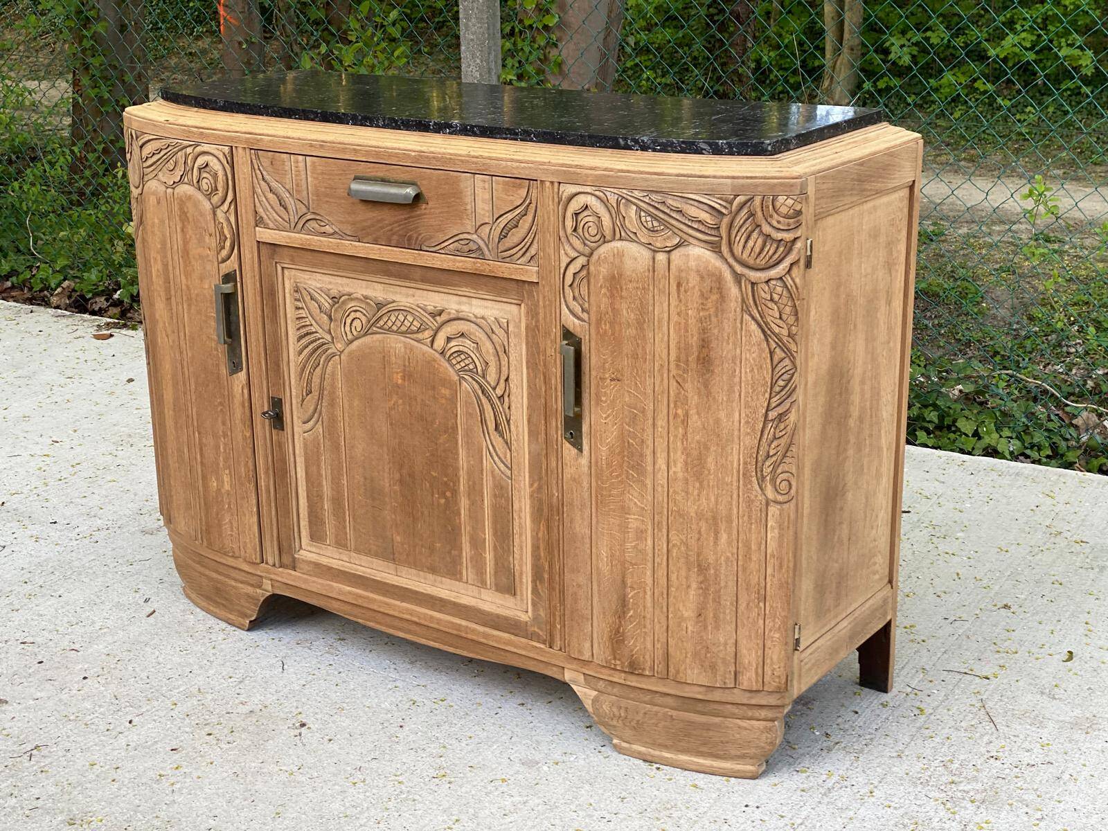 Renovated vintage Parisian art deco sideboard in solid oak and marble 1930