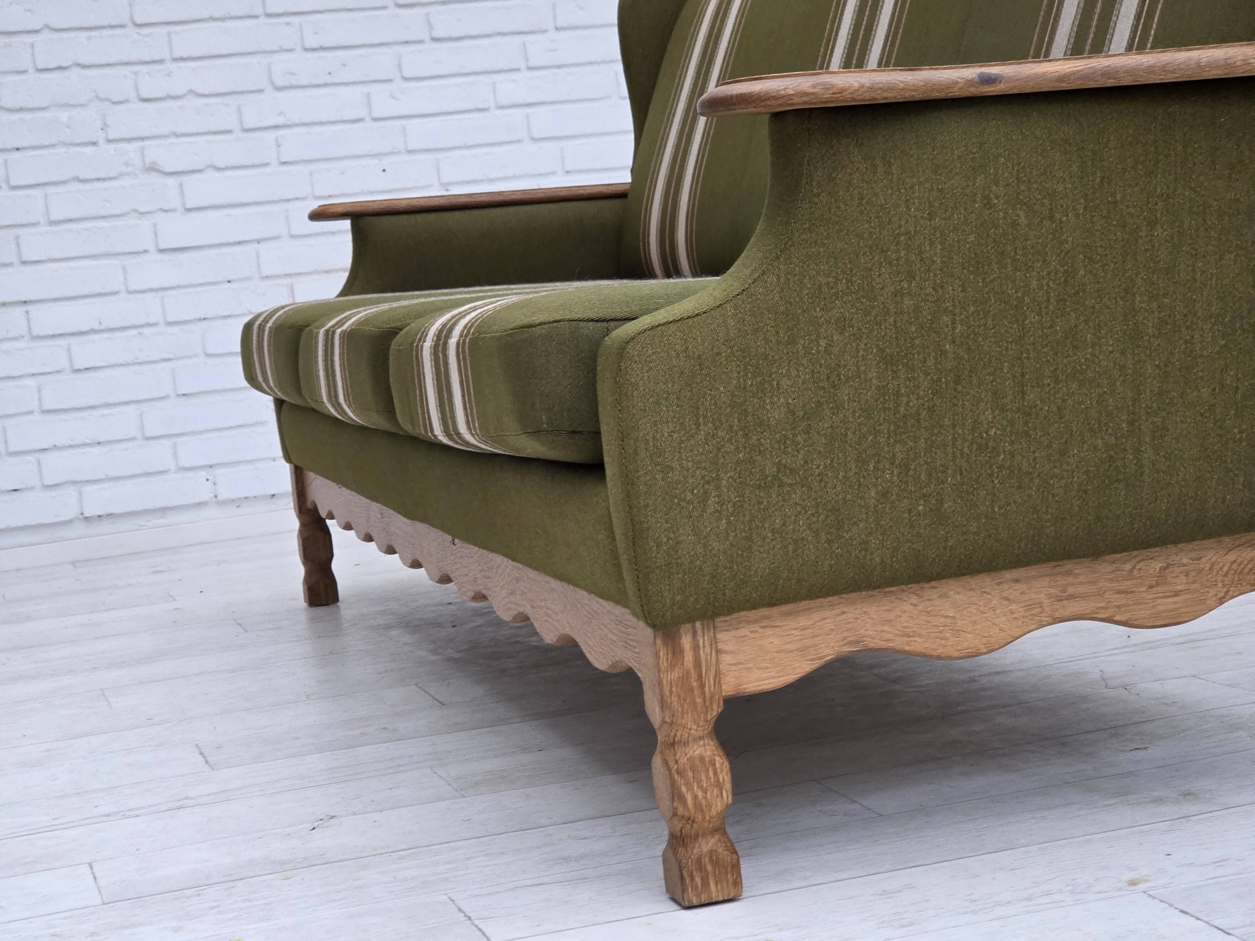 1970s, Danish 3-seater sofa, furniture wool, solid oak wood.