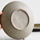 3 rustic stoneware plates, brown and beige speckled finish.