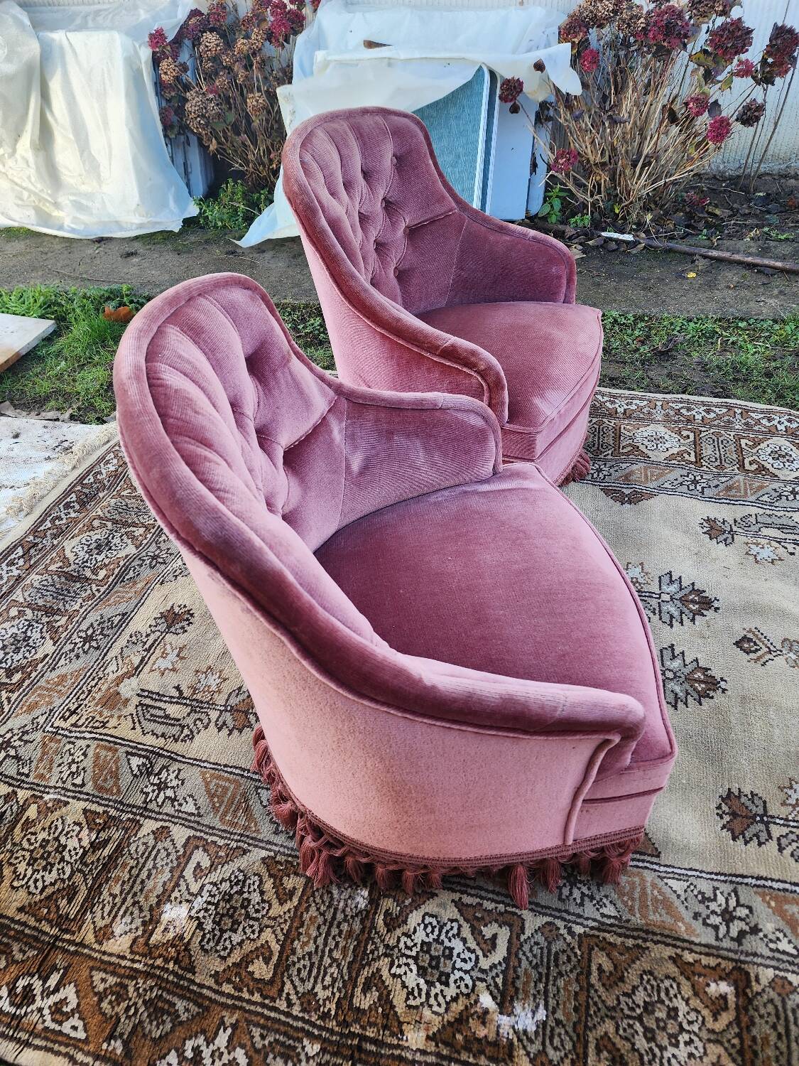 Pair of pink velvet toadstool armchairs