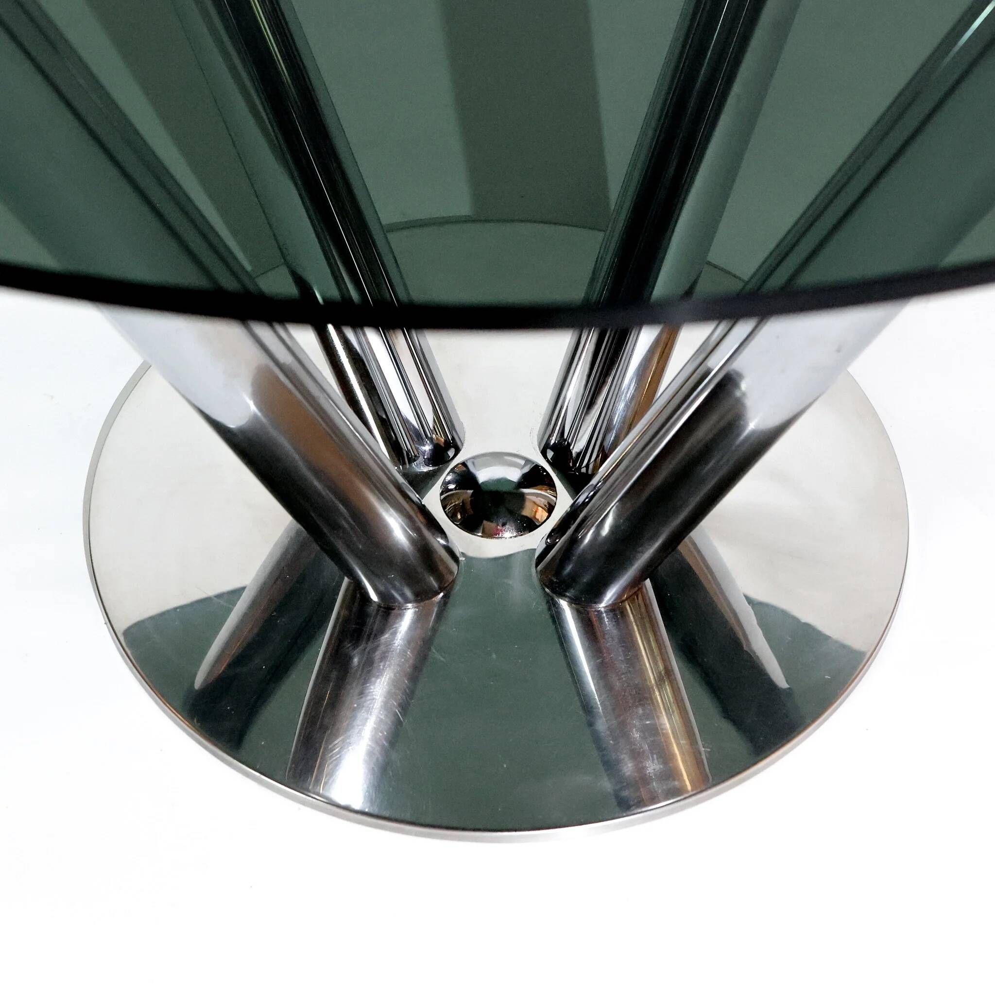 Vintage round dining table by Carlo Bartoli, smoked glass and polished chrome, Italy, 1970s.