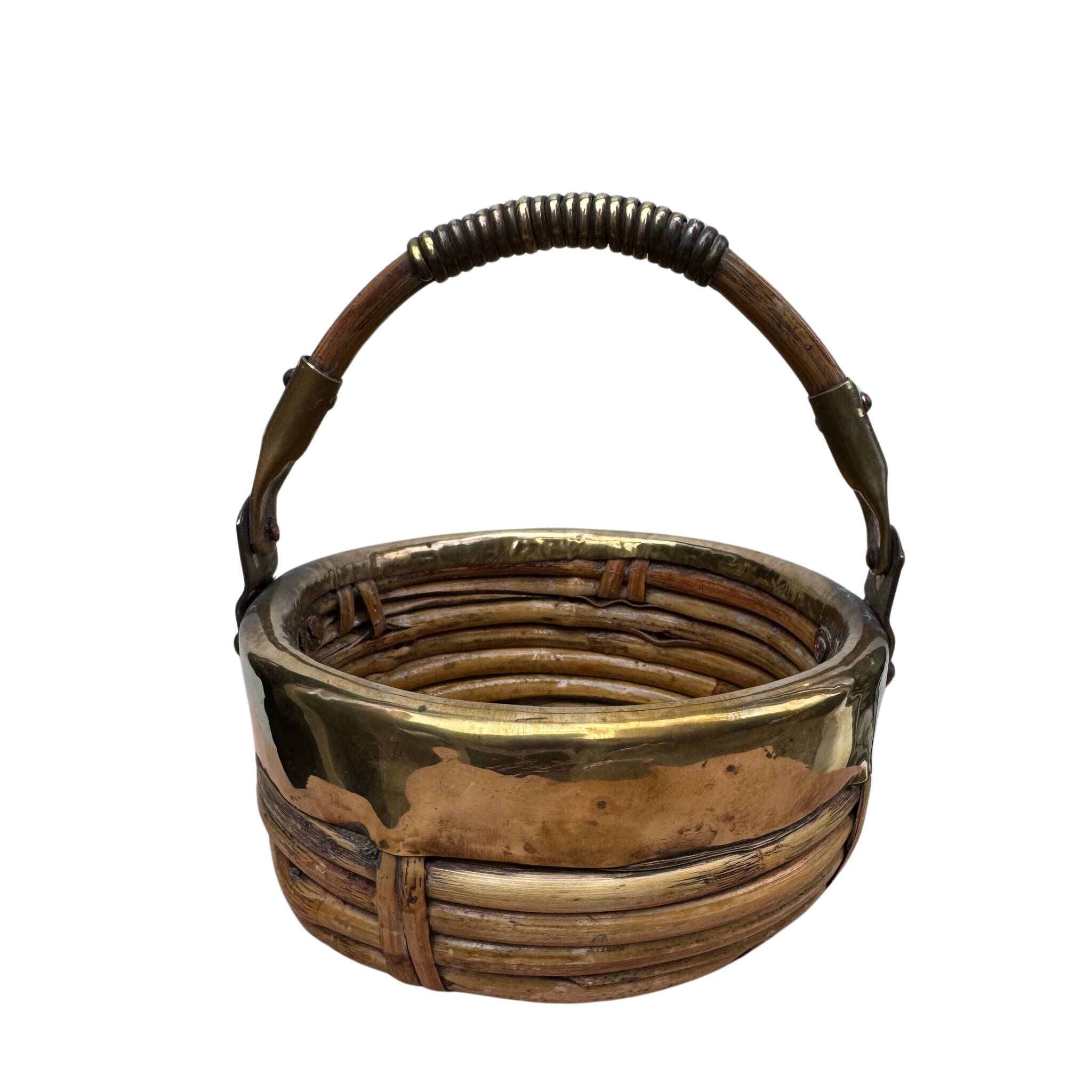 Rattan & Brass Handled Basket | Round Handle Basket | Italy 1970s