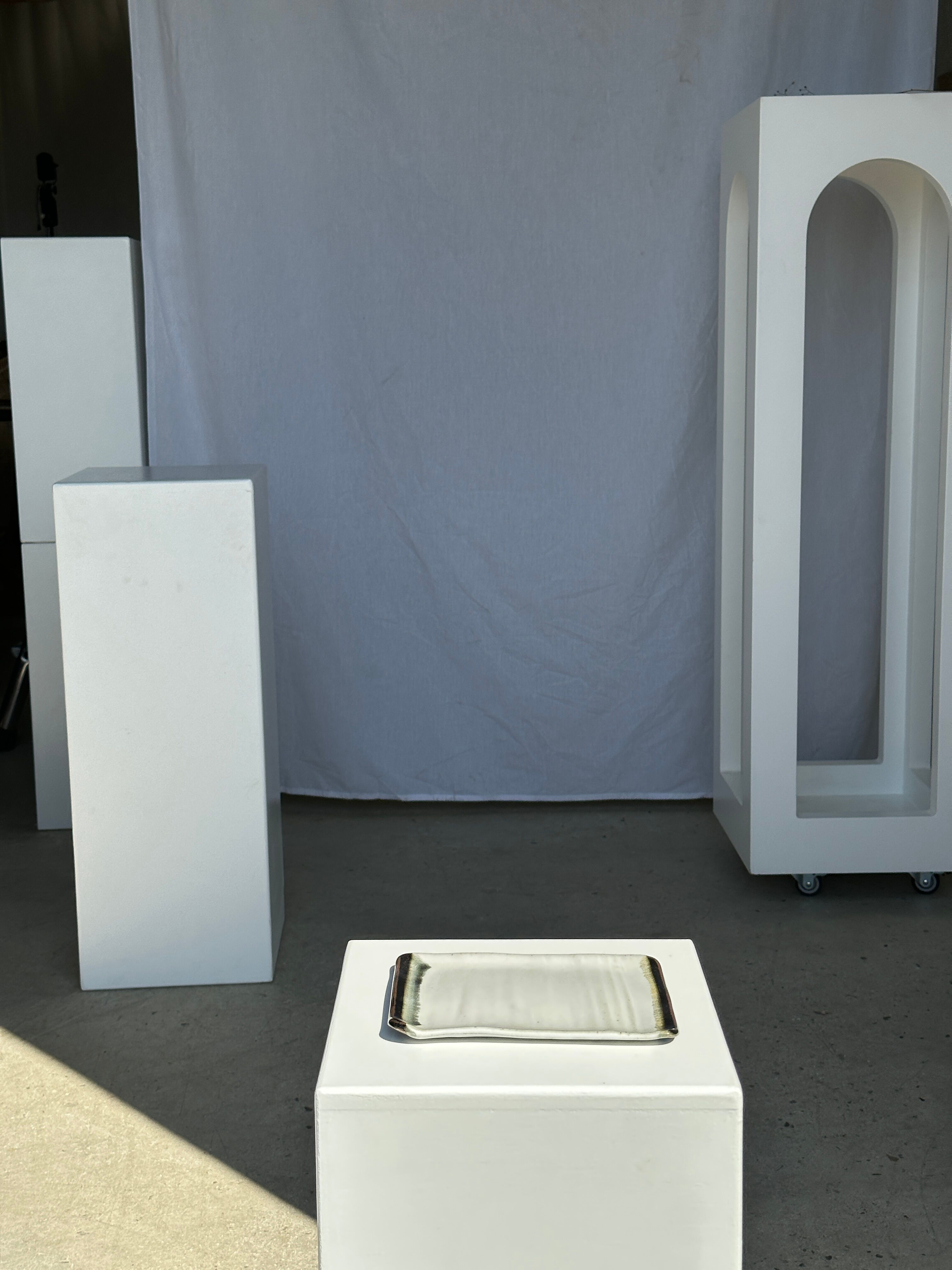 Trio of small rectangular serving dishes white and black Indonesian ceramic 21x16