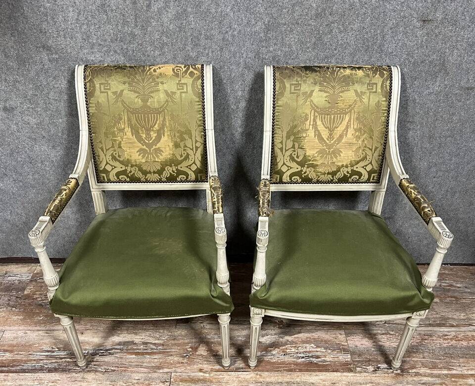 Pair of Louis XVI style armchairs in lacquered wood circa 1850 (B)