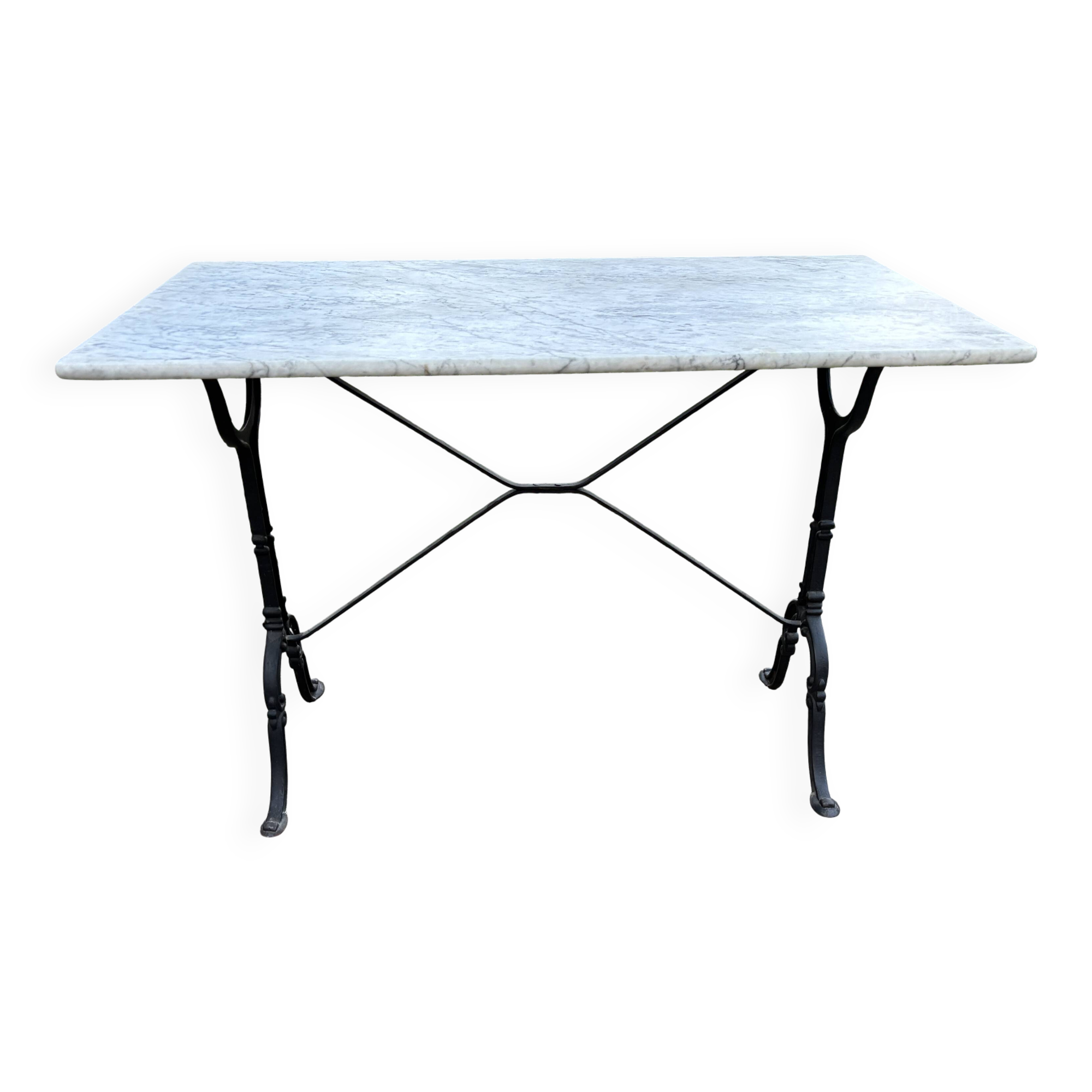 Old bistro table by Berc in Paris. Wrought iron, marble top.